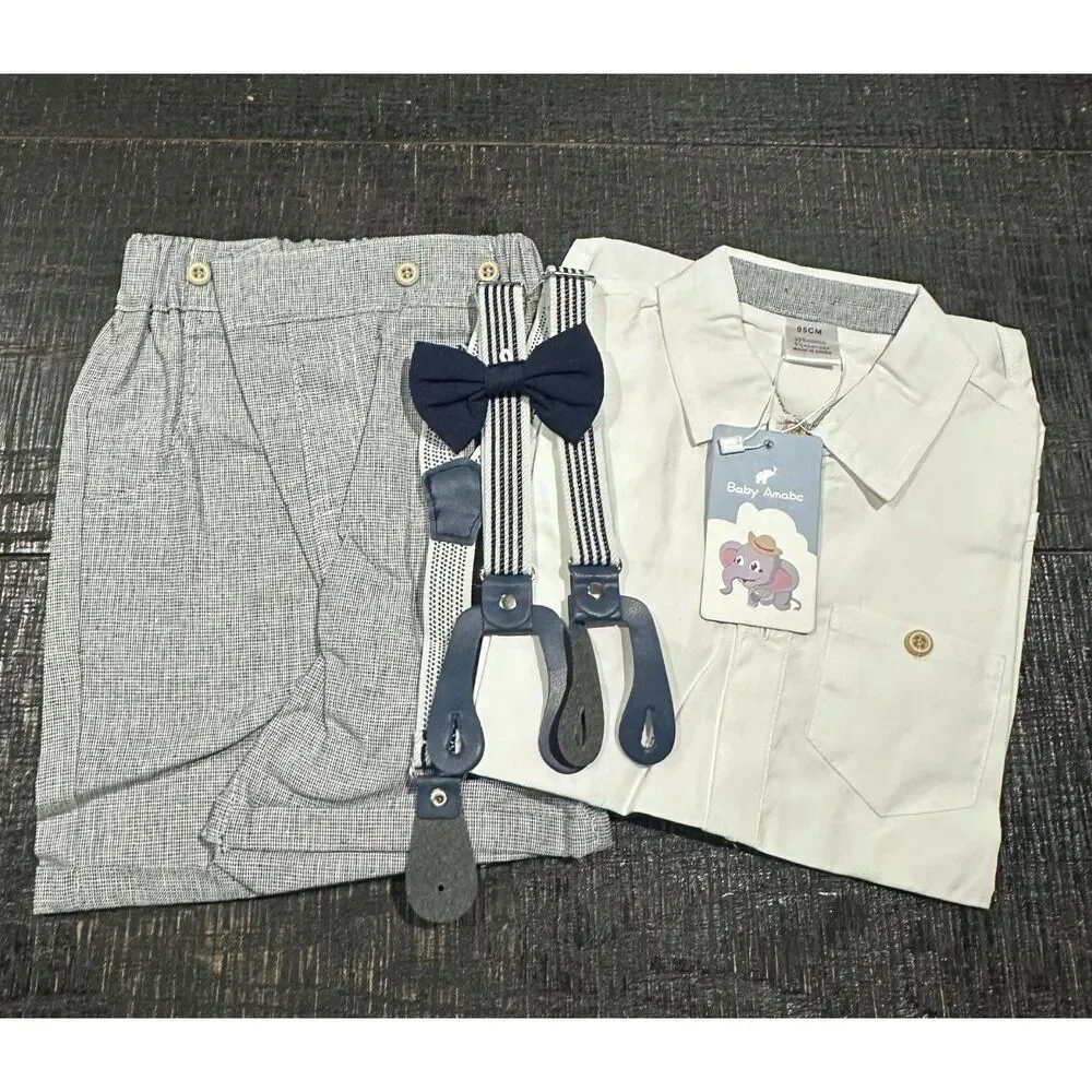 Toddler Boy Gentleman Outfits Short Sleeve Shirt w Bowtie Suspender Shorts